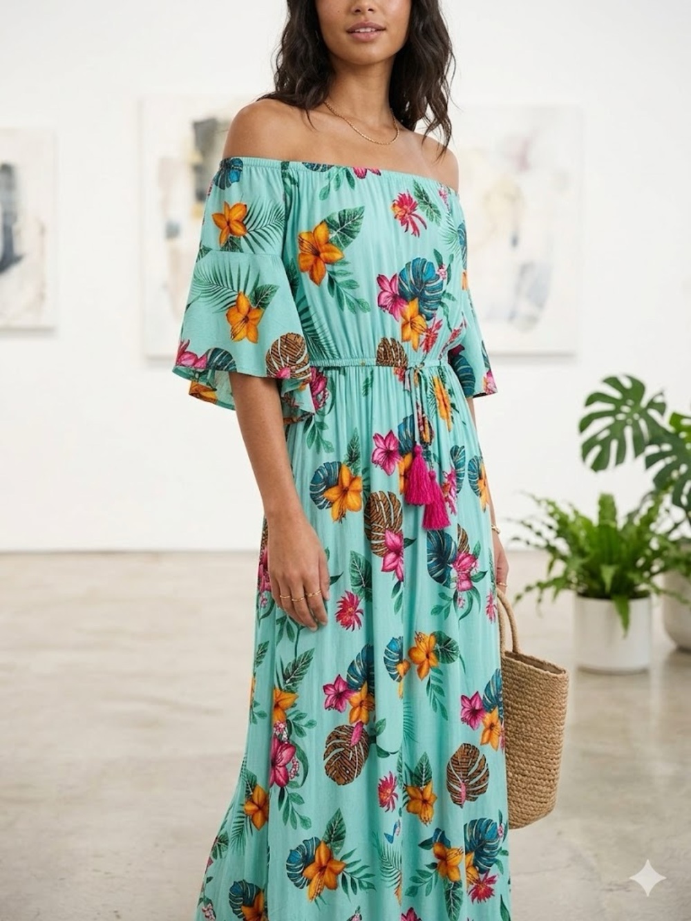 ANTHROPOLOGIE Off-Shoulder Tropical Floral Maxi Dress in Mint